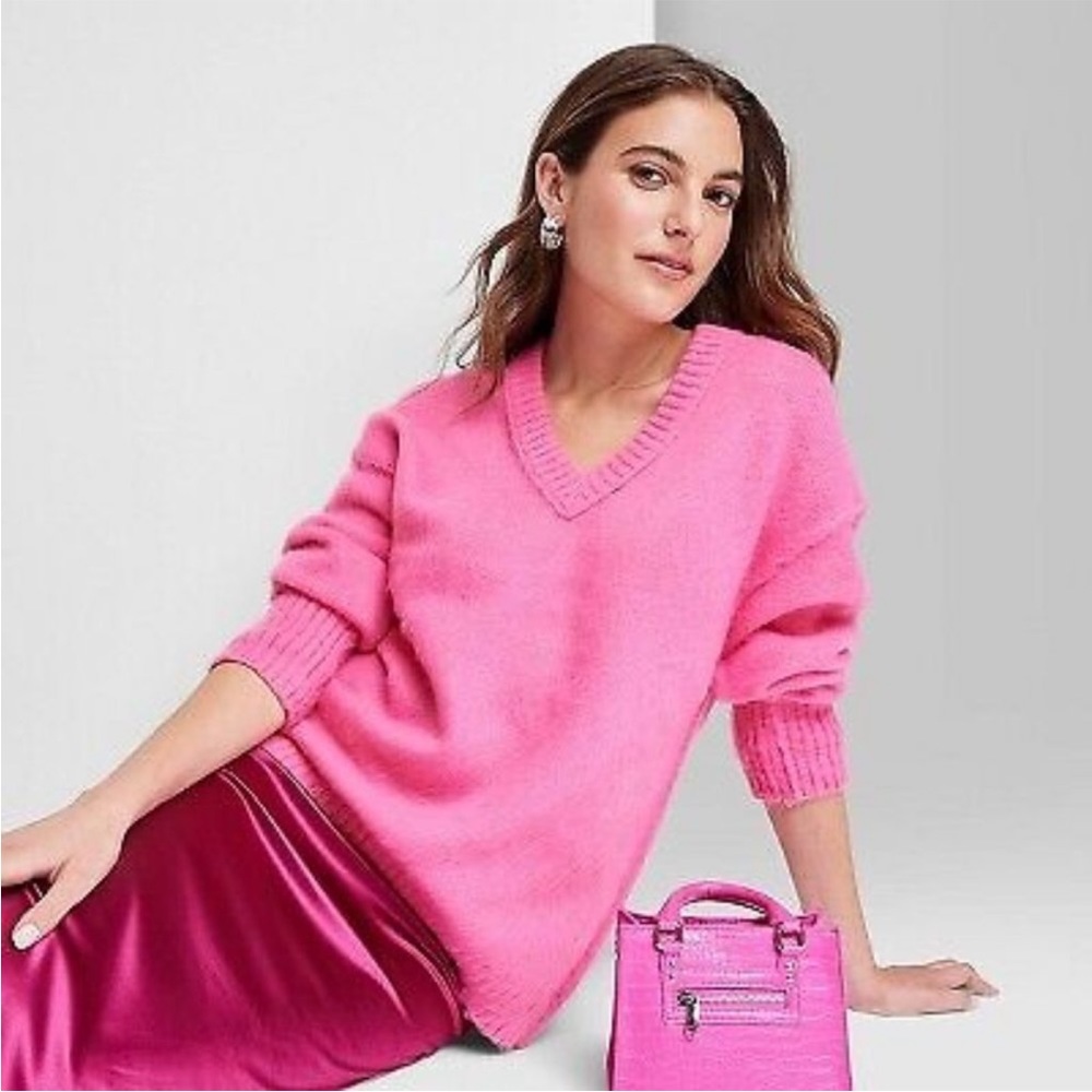 Women's V-Neck Fuzzy Oversized Pullover Sweater - Wild Fable Vibrant Pink M